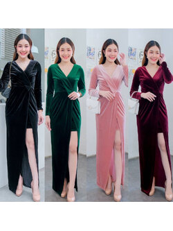 kudapy เดรสยาวสีชมพูโอรส/สีเขียวเข้ม/สีนำ้เงิน/สีแดง กำมะหยี่ คอปก แขนยาว เข้ารูป ดีเทลกระโปรงสั้นด้านใน กำมะหยี่หนาเก็บทรง