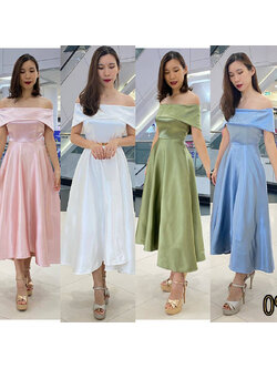 kudapy kudapy เดรสเปิดบ่า พับอก หน้าสั้นหลังยาวสีเขียวอมเทา ฟ้า ขาว ชมพู อัดกาวเก็บทรงสวย สามารถยืดหยุ่นได้