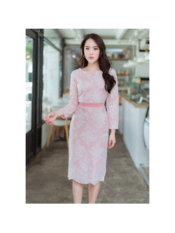 kudapy เดรสสั้นสีชมพู บาร์บี้ลายลูกไม้สวยดูดี ใส่สบายตัว