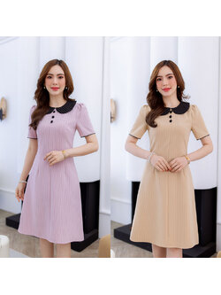 kudapy เดรสสั้นสีชมพู/สีครีมเข้ม คอปก ผ้าลายทาง สวยเรียบ ๆ ใส่ได้ตลอดกาล สวยคุณภาพ ใช้ผ้าอย่างดี มีดีเทลคอปกและแต่งกระดุม
