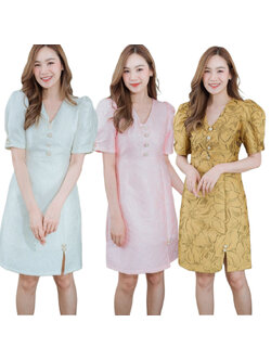 kudapy เดรสสั้นแขนพองสีเหลือง สีขาว สีชมพู เดรสสั้นคอวีแต่งกระดุมหน้า ช่วงล่างผ่าหน้าแต่งกระดุม 2 เม็ด ทรงเข้ารูป