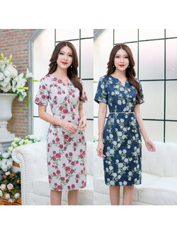 kudapy เดรสสั้นสีโทนแดง/สีโทนกรม ผ้า jacquard ลายกุหลาบต้อนรับวาเลนไทน์ ดีเทลแต่งเอวด้วยลูกปัดสวยๆ มีซับในทั้งชุด ซิปหลัง ทรงฮอตยอดนิยมตลอดกาล