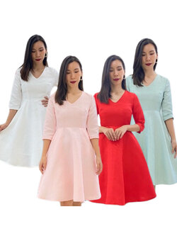 kudapy เดรสออกงานสั้นสีเขียวมิ้นท์ สีแดงสด สีขาว สีชมพู เดรสสั้นแขนยาวคอวี เก็บเอวทรงสวย ผ้าผ้าพิมพ์นูนสวยมาก