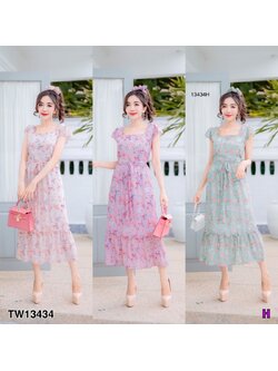 kudapy แม็กซี่เดรสสี ครีม ม่วง เขียว ชายระบาย ผูกโบว์เอว+ยางรัดผม ลายดอก