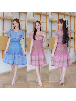 kudapy เดรสสั้นสีฟ้า/สีโอรส ลายดอกกระโปรงชั้น ชุดผ้าลายไทย ใส่ออกงาน ทำงานสวยดูดี
