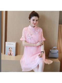 kudapy มินิเดรสคอจีนงานลูกไม้แต่งผ้าแก้วสีชมพู งานสวยไม่ซ้ำใคร ใส่ต้อนรับตรุษจีน