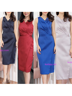 kudapy เดรสสั้นแขนกุดสีแดง,สีน้ำเงิน,สีเทา,สีกรมท่า คอวีใส่ออกงาน ผ้าซาร่าเนื้อเงา รีดอัดผ้ากาวอย่างดี