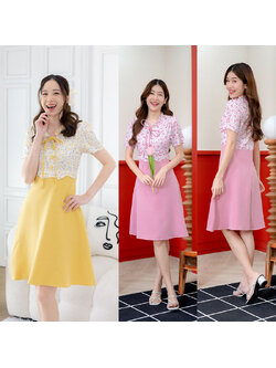kudapy เดรสสั้นสีชมพู/สีเหลือง กระโปรงทรงบานเชือกผูกโบว์