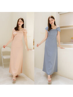 kudapy เดรสยาวสีชมพูนุ้ด/สีน้ำเงินเทา สายเดี่ยวราตรียาวผ้า Tory เนื้อดีมีน้ำหนักพริ้วสวย ผ้าแขนจับจีบจะใส่เปิดหรือปิดไหล่ก็ได้
