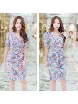 kudapy เดรสสั้นสีชมพู,ขาว ลายดอกไม้ใส่ดูสวย