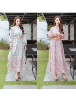 kudapy เดรสยาวสีขาว/ชมพู แขนยาวกระดุมหน้าใส่สบายสวยดูดี