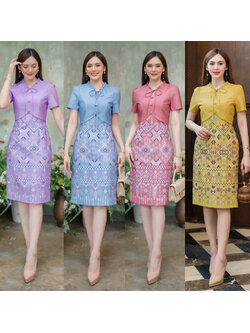 kudapy เดรสสั้นสีฟ้าทะเล/ม่วง/ชมพูกะปิ/เหลือง งานผ้าโพสลีเอสเตอร์เกาหลีแต่งกั๊กพิมพ์ลายไทยแพรวา มีซับในและชิปหลังใส่สบาย