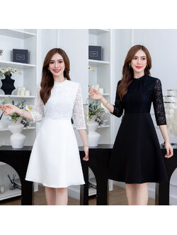 kudapy เดรสสั้นสีขาว/สีดำ ลูกไม้แขนห้าส่วน ตัดต่อกระโปรงผ้าพื้น ช่วงคอจับจีบ ลูกไม้และผ้าพื้นคุณภาพ ใส่สบาย