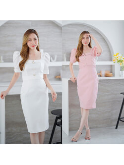 kudapy เดรสสั้นสีชมพู/สีขาว กระโปรงเข้ารูปมีกระดุมกลางอก