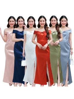 kudapy เดรสยาวเปิดไหล่ ปิดต้อนแขน สีฟ้า ,สีเขียวอมเทา ,สีขาว, สีทอง, สีชมพูกลีบบัว,สีแดง,สีเทา,สีทองโรสโกลด์ ไขว้ทวิชอก กระโปรงสอบ ซิปหลังใส่ง่าย ทรงยาวผ่าหน่า.