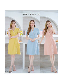 kudapy เดรสสั้นสีเหลือง/สีฟ้า/สีชมพู เดรสทำงานสีพื้นแต่งขอบกระดุม