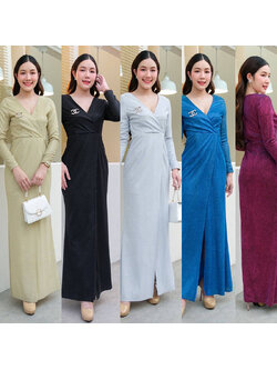 kudapy เดรสยาวสีแดงอมม่วง/สีเงิน/สีทอง/สีดำ/สีน้ำเงิน คอวี แขนยาว กระโปรงผ่าหน้า ทรงเข้ารูป รุ่นนี้ใส่ผอมสวยมากค่า ซิปหลังใส่ง่าย