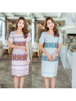 kudapy เดรสสั้นผ้าไทย เดรสคอเหลี่ยมสีฟ้า แขนสั้น ทรงเอเก็บเอวเข้ารูปทรงสวย