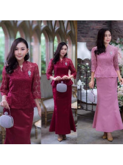 kudapy ชุด set เสื้อลูกไม้ใยบวบผสมเลื่อม สีแดงไวน์/สีชมพู + กระโปรงทรงหางปลา