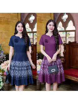 kudapy เดรสสั้นสีเปลือกมังคุด/สีกรม ผ้าพิมพ์ลายไทย เนื้อผ้าโพพลีผสมเนื้อเบาผ้าไม่หยาบใส่สบาย