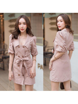 kudapy มินิเดรสสีน้ำตาลอ่อนละมุนมากก คอปก กระดุมหน้า แขนเย็บเลเยอร์ จั้มปลาย เนื้อผ้าดีใส่สบาย