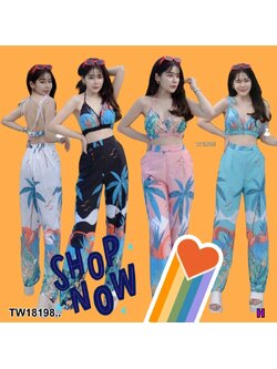 kudapy Set 2 ชิ้น เสื้อสายผูกไหล่ พิมพ์ลาย + กางเกงขายาว เซตไปทะเล เดินชายหาด