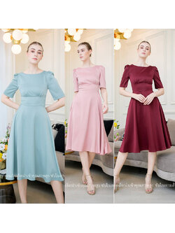 kudapy เดรสสั้นสีชมพู/สีเลืดหมู/สีมิ้น ชุดออกงานแขนสั้นกระโปรงบาน