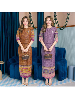 kudapy เซ็ทผ้าไหมแกมฝ้ายลายยกพุ่มบิณฑ์ทรงเรือนต้น สีสีน้ำตาลทอง สีม่วงเปลือกมังคุด