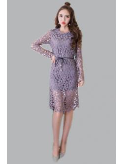 kudapy ชุดเดรสผ้าลูกไม้สีเทาแขนยาวสวยเรียบหรูออกงาน