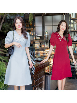 kudapy เดรสสั้นสีแดง/สีเขียว คอวีปกมีลายแขนตุ๊กตา