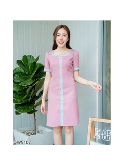 kudapy เดรสสั้นทูโทนคอเหลี่ยมสีชมพู/สีกรม/สีเขียว คอเหลี่ยมกระดุมหน้ายาว