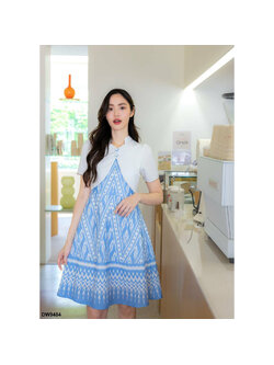 kudapy เดรสสั้นสีฟ้า ผ้าลายไทยกั๊กผ้าพื้น แขนสั้น