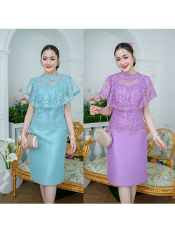 kudapy เดรสสั้นสีม่วง/สีฟ้า ด้านบนเป็นงานผ้าลูกไม้คลุมไหล่ระบายแต่งรอบคอด้วยลูกไม้สวยหรู กระโปรงเป็นงานผ้าไหมญี่ปุ่น