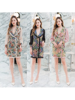 kudapy เดรสสั้นสีดำ/สีชมพู/สีครีม ลายดอกปกทรงสูทแขนสีพื้น