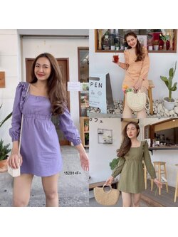 kudapy เดรสสั้นสีส้ม/สีม่วง/สีเขียว แขนยาว วแต่งระบาย ยางยืดอก รอบเอว ปลายแขน งานผ้าลินิน มีซิปหลัง