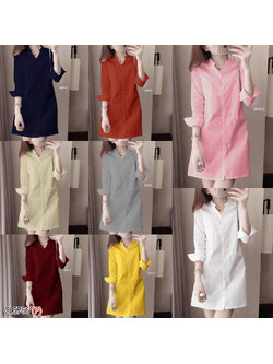 kudapy เดรสสั้นสีขาว เทา ครีม ชมพู กรม เหลือง แดง ส้มอิฐ เชิ้ตทรงใส่หลวมๆ คอปก แขนยาว ปลายแขนติดกระดุม ผ่าอกติดกระดุมด้านหน้ายาวตลอดแนว