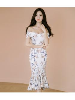 kudapy เดรสใส่ออกงาน ผ้าโพลีเอสเตอร์ผสม เนื้อดี พื้นสีขาว พิมพ์ลายดอกไม้