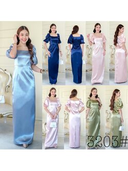 kudapy เดรสราตรียาว คอเหลี่ยม แขนสั้นจับพอง ใส่ได้สองแบบ เปิดบ่า แขนสั้น กระโปรงทรงสอบยาว ซิปหลัง