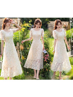 kudapy เดรสยาวสีครีมทอง ลูกไม้ แขนสั้น เนื้อผ้าลูกไม้มุ้งปักลายดอกไม้ เดินดิ้นสีทอง สวยๆ ชุดมีซับในในตัว ซับในผ้าซาตินเนื้อเงา