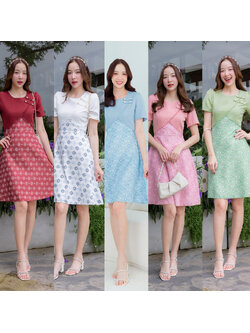 kudapy เดรสสั้นสีเขียว/สีแดง/สีชมพู/สีฟ้า/สีขาว กระโปรงลายไทย ใส่ทำงาน ใส่เที่ยวสวยดูดี