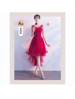 kudapy เดรสออกงานหน้าสั้นหลังยาวสีแดง ออกงานผ้าลูกไม้ คอกลม แขนกุด กระโปรงหน้าสั้นหลังยาว สวยหรู