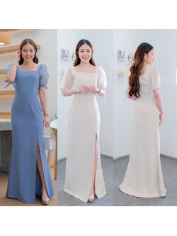 kudapy เดรสยาวสีฟ้าคราม/สีครีม คอเหลี่ยม แขนตุ๊กตา ผ้า organza ปรับขยายไซส์แขนได้ กระโปรงหางปลาผ่าหน้า