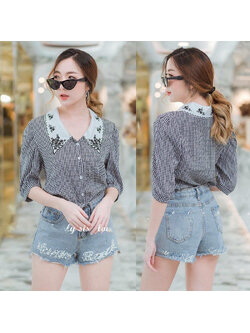 kudapy เสื้อลายสกอตแขนศอกสีขาวดำ แต่งปกปักลาย งานน่ารักมาก