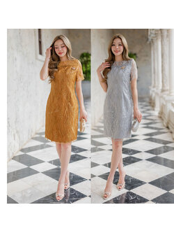 kudapy เดรสสั้นสีทองมัสตาร์ด/สีเทาเงิน ทรงสอบผ่าหลัง ตัวลูกไม้ตาข่ายปักลายสร้อยดอกไม้