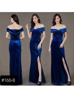 kudapy เดรสยาวสีน้ำเงิน เปิดไหล่ ผ้าไหมกำมะหยี่ ใส่ออกงานสบายตัวสวยดูดี มีเอกลักษณ์มากๆ