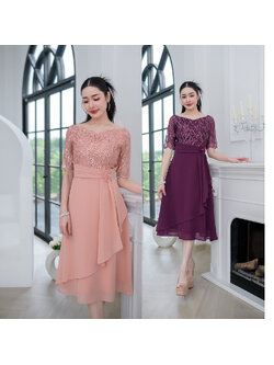 kudapy เดรสลูกไม้ทอผสมดิ้นแต่งเลื่อม งานเดรสออกงานรุ่นสวยหวาน ดีไซน์คอปาดโชว์คอ ช่วงกระโปรงเป็นงานผ้าชีฟอง