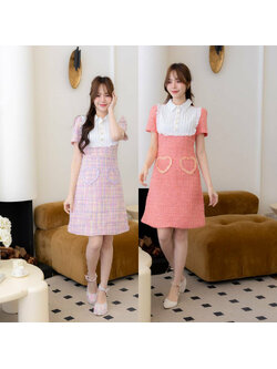 kudapy เดรสสั้นสีชมพู/สีแดง ผ้าทวิตคอปกหัวใจ