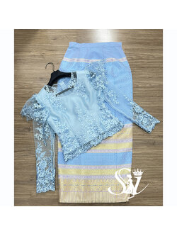 kudapy ชุดเซ็ทเสื้อลูกไม้แขนยาวสีฟ้า ซับในผ้าไหมอัดกาว+าถุงสำเร็จรูป ผ้าไหมทอเครื่อง อัดกาว ซิปหลัง เย็บแบบ ป้ายทบผ้า