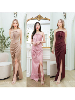 kudapy เดรสยาวสีชมพู/สีนู้ด/สีแดงเลือดหมู คล้องคอสายเพชร ผ้าเครปซาตินซับในทั้งชุด ชุดราตรีพรีเมี่ยม