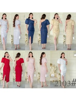 kudapy เดรสยาวสีชมพู/สีทอง/สีกรมท่า/สีขาว/สีแดง/สีเทา ไหล่เดี่ยว แขนพอง กระโปรงทรงสอบ เก็บทรง ดีเทลกระโปรงป้ายผ่าข้าง